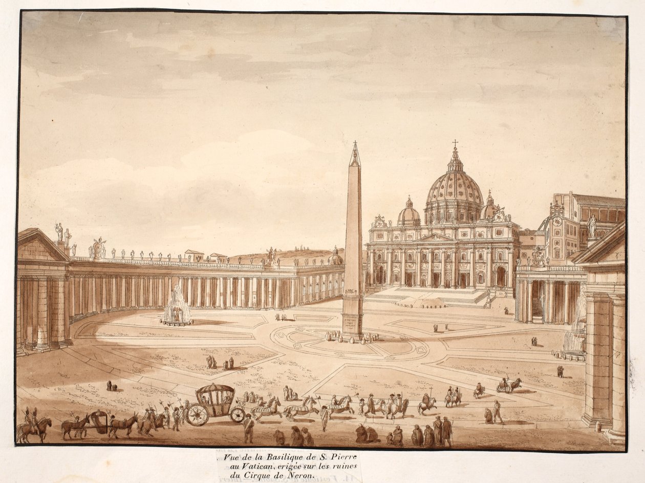 Utsikt över Peterskyrkan i Vatikanen, byggd på ruinerna av Circus of Nero, 1833 (etsning med brun tvätt) av Agostino Tofanelli