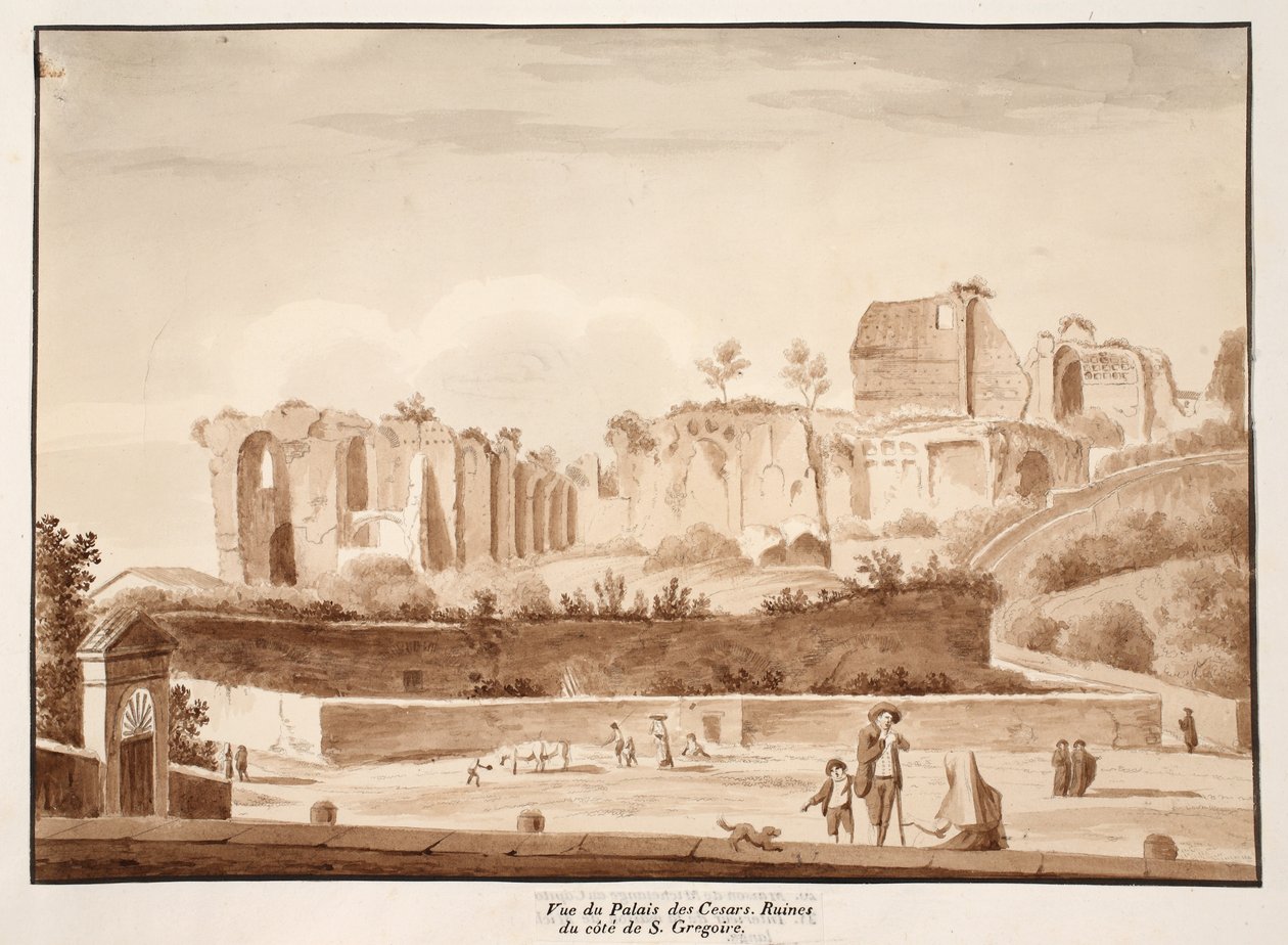 Vy över Caesarpalatset sett från Via di San Gregorio, 1833 (etsning med brun tvätt) av Agostino Tofanelli