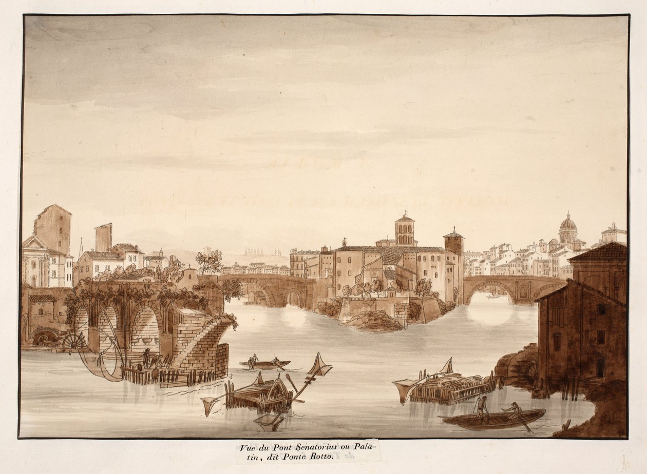 Utsikt över Palatine- eller Senatoriusbron, kallad Ponte Rotto, 1833 (etsning med brun tvätt) av Agostino Tofanelli