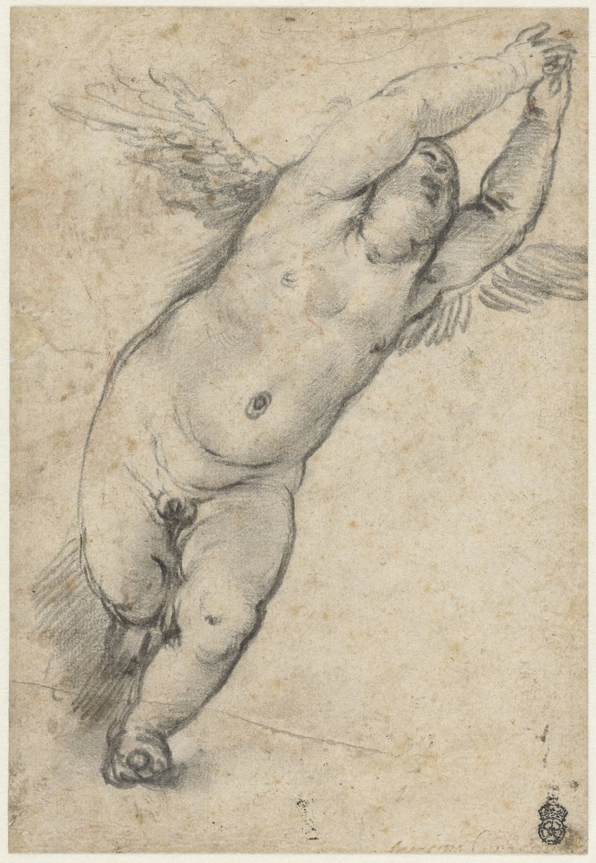 Flygande putto med upphöjda armar av Agostino Carracci (attributed to)