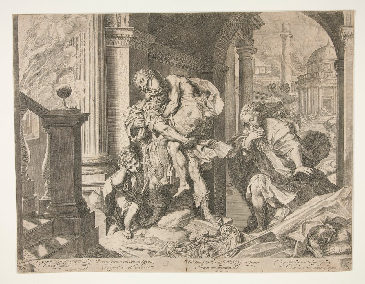 Aeneas och hans familj flyr från Troja av Agostino Carracci