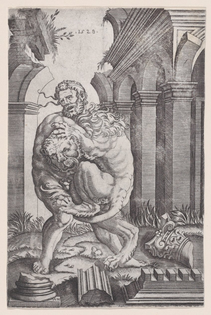 Hercules Strangling the Nemean Lion, daterad 1528. av Agostino Veneziano