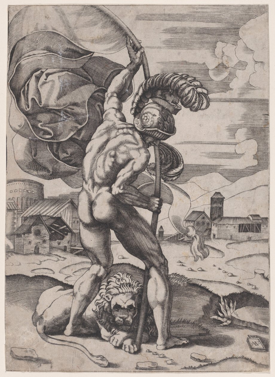 Man med en flagga, ca. 1514-36. av Agostino Veneziano