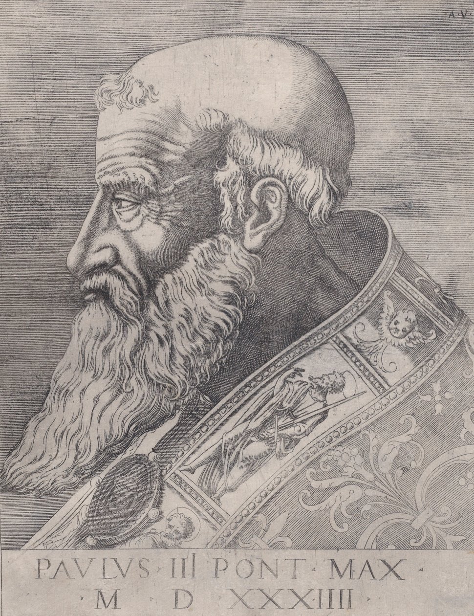 Påven Paulus III, barhårig, daterad 1534. av Agostino Veneziano