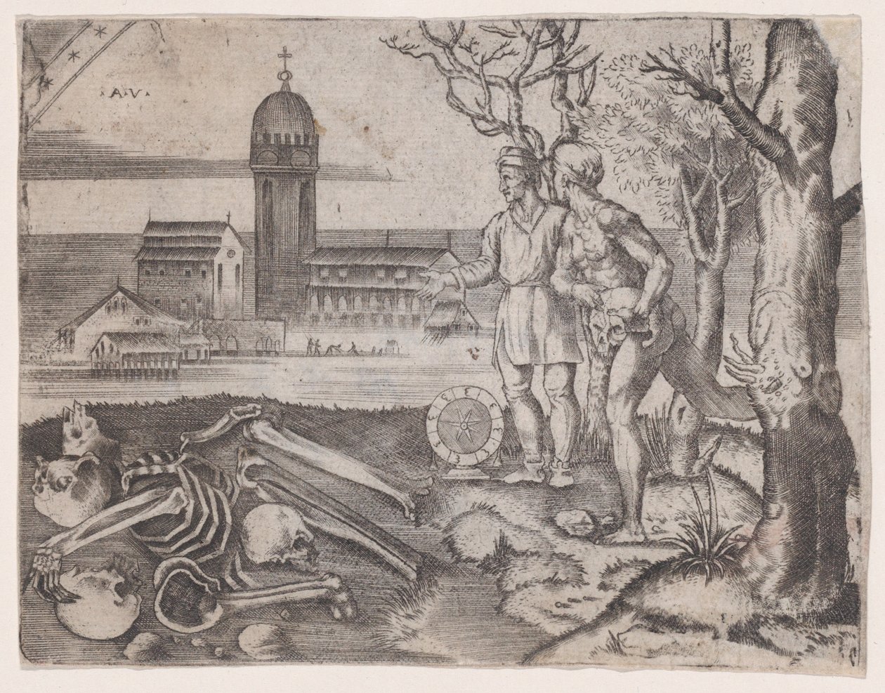Två män på en kyrkogård, ca. 1514-36. av Agostino Veneziano