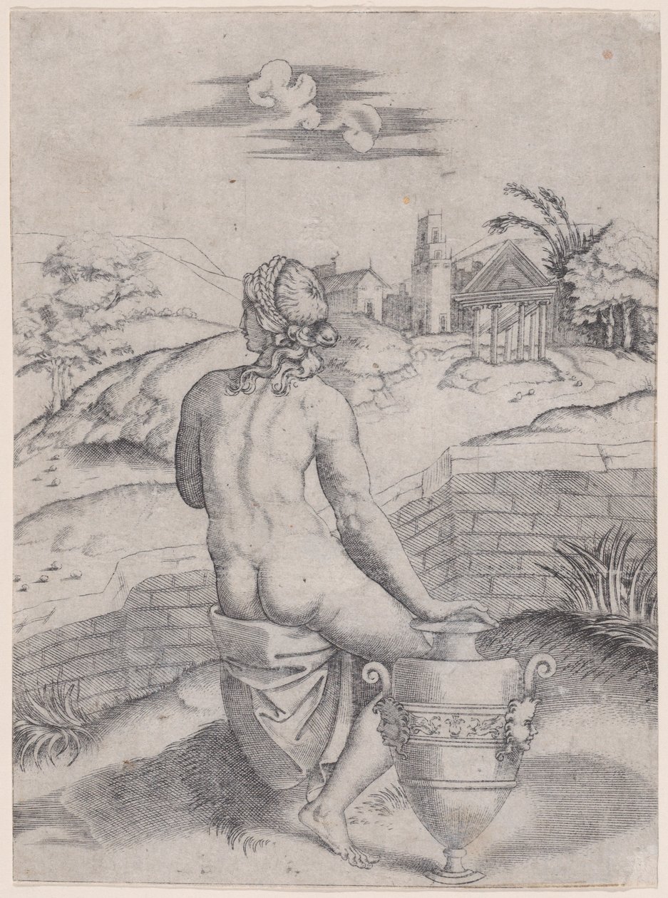 Kvinna som sitter nära en vas, ca. 1514-36. av Agostino Veneziano