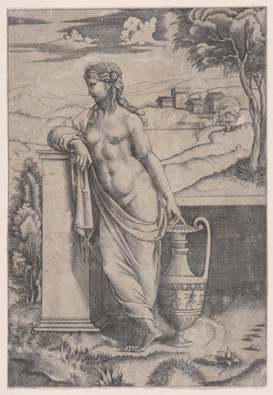 Kvinna som står nära en vas, ca. 1514-36. av Agostino Veneziano