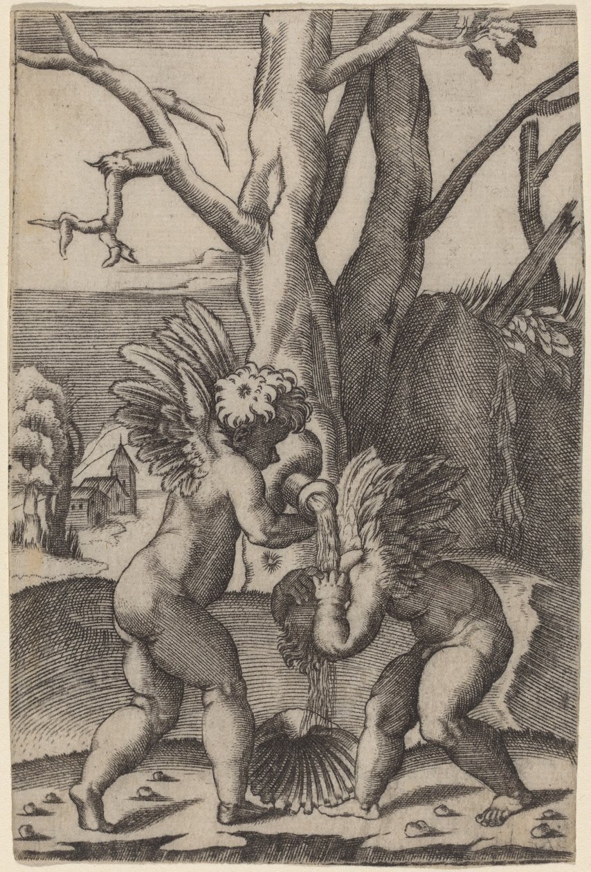 Två kärlekar av Agostino dei Musi after Raphael