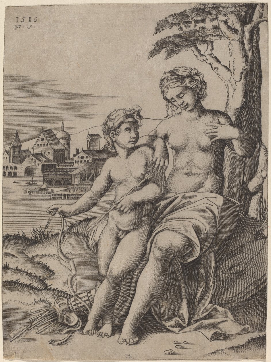 Venus och Amor av Agostino dei Musi after Raphael