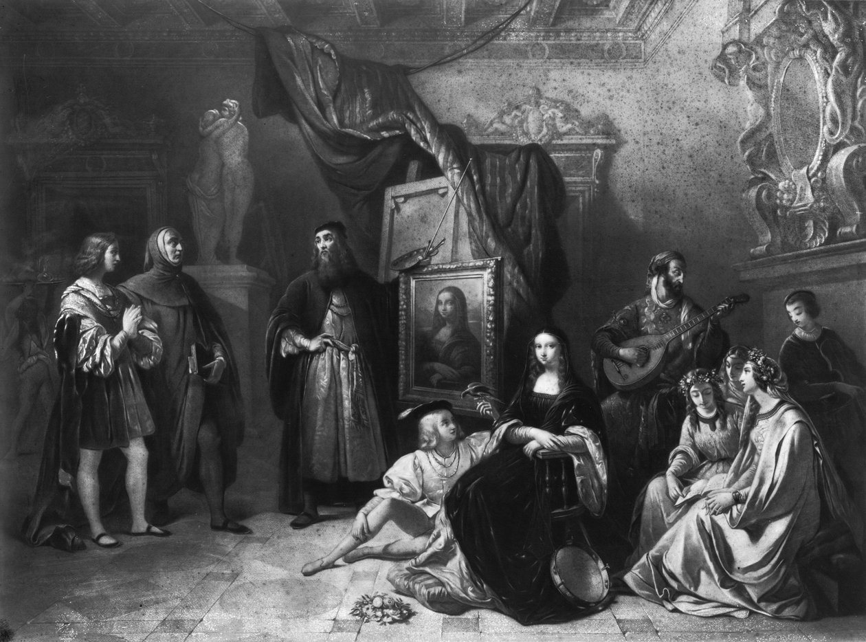 Leonardo da Vinci (1452-1519) målar Gioconda, graverad av Lemoine, 1845 av Aimee Brune