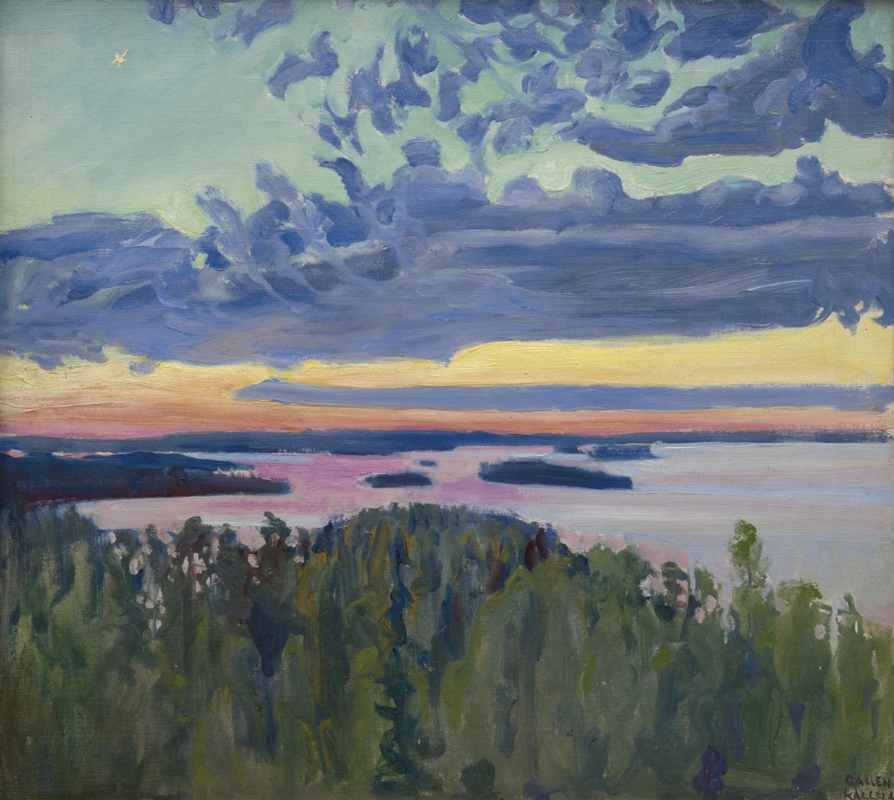 Solnedgång över en sjö. av Akseli Gallen Kallela