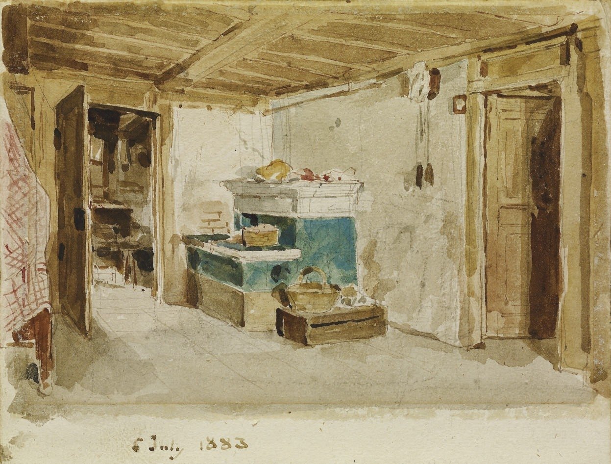 Bauernstube mit grünem Ofen av Albert Anker
