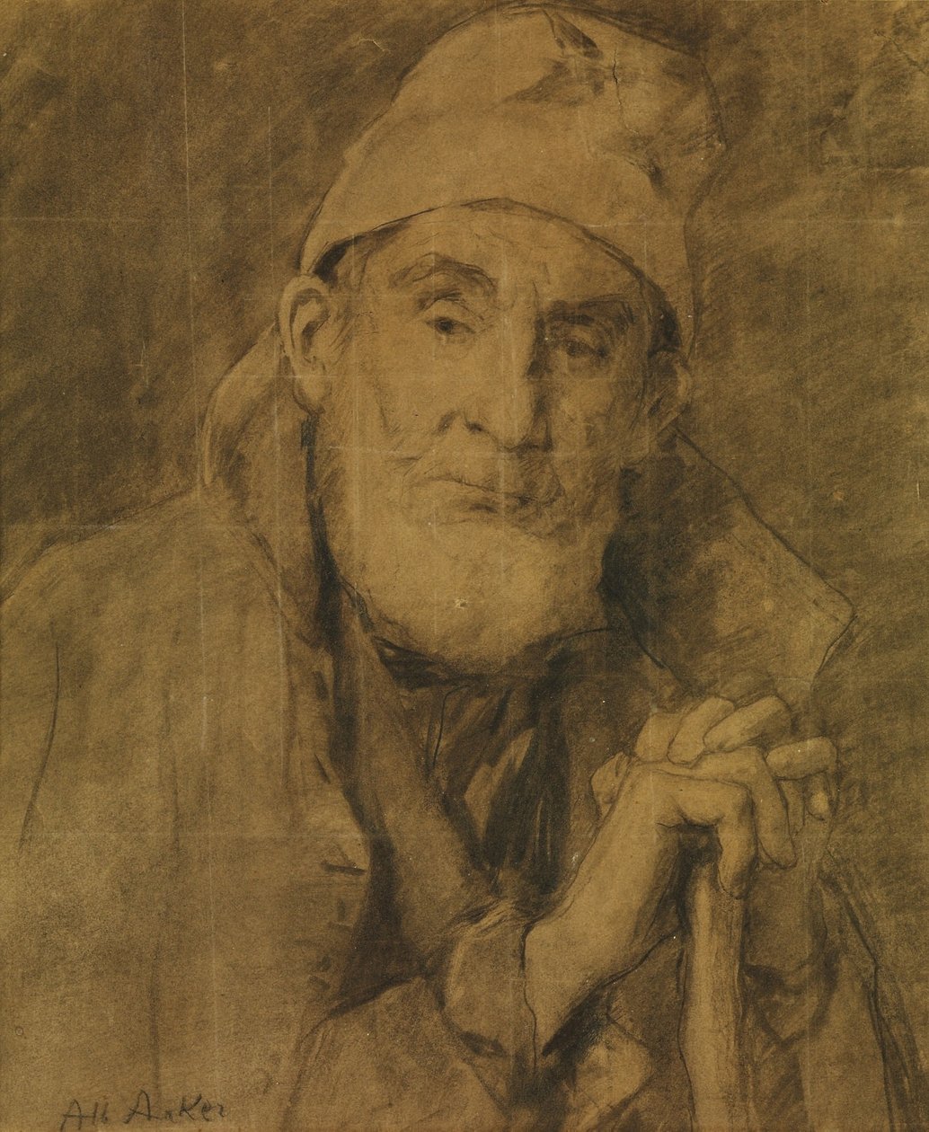 Der alte Feissli mit Stock und Mütze av Albert Anker