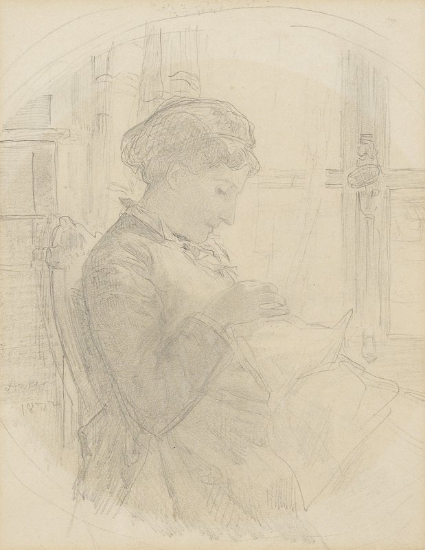 Strickende Frau vor einem Fenster av Albert Anker