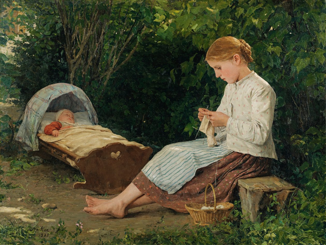 Stickad flicka, småbarn i vaggan av Albert Anker