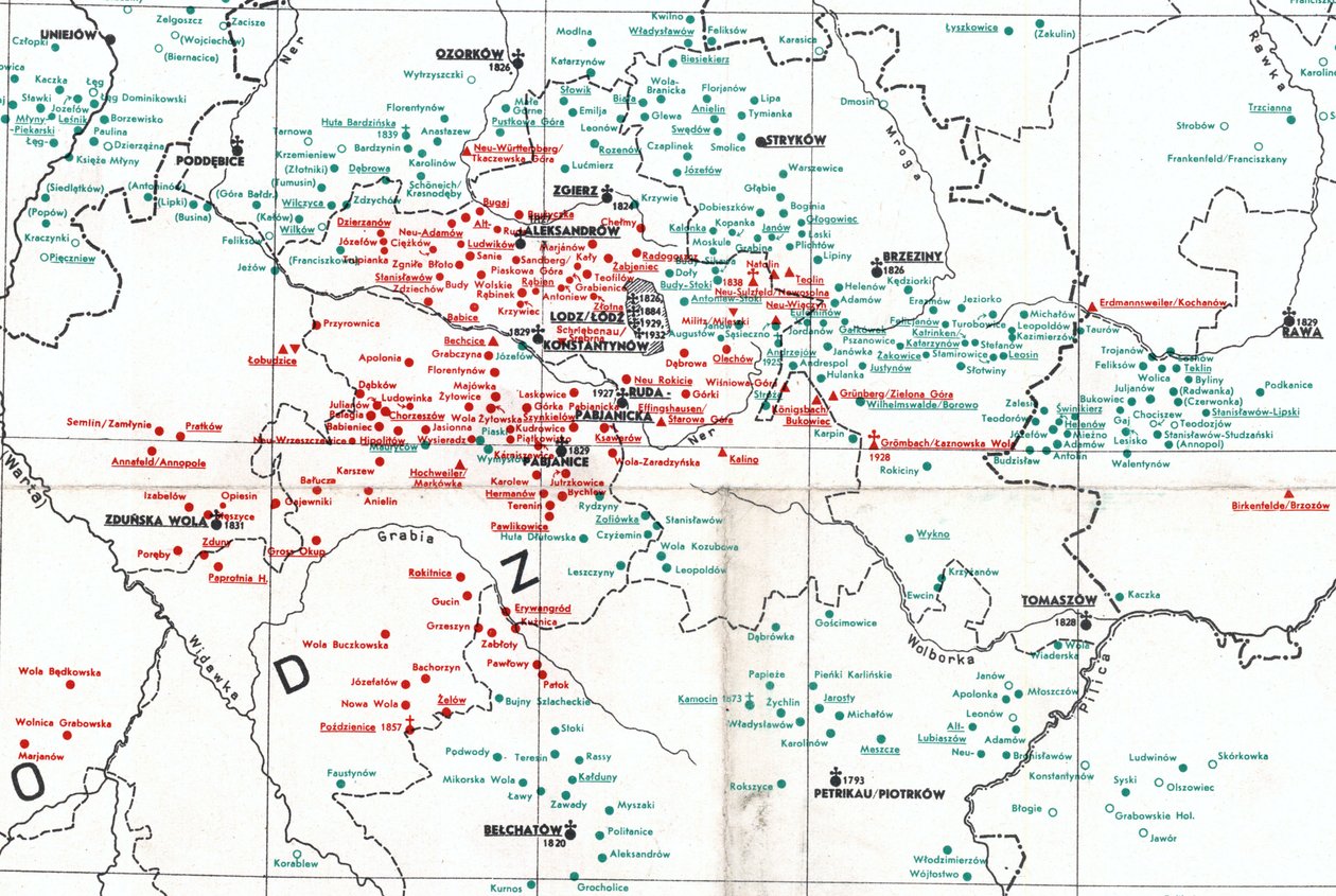 bosättningar 1938 runt Łódź mellan floderna Warta (W), Bzura (N) och Pilica (SE) av Albert Breyer
