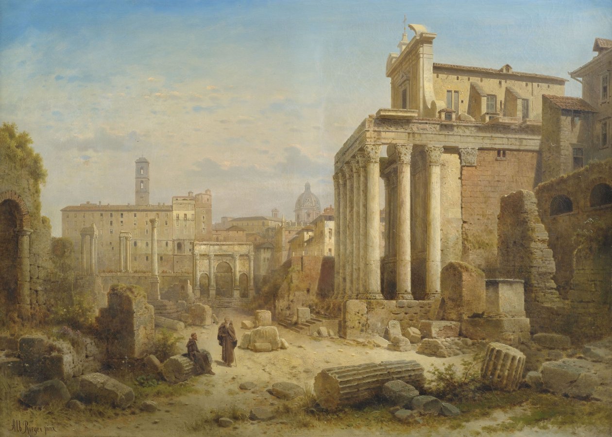 Utsikt över Forum Romanum med Arch of Septimius Severus och templet Faustina och Antonius Pius. av Albert Rieger