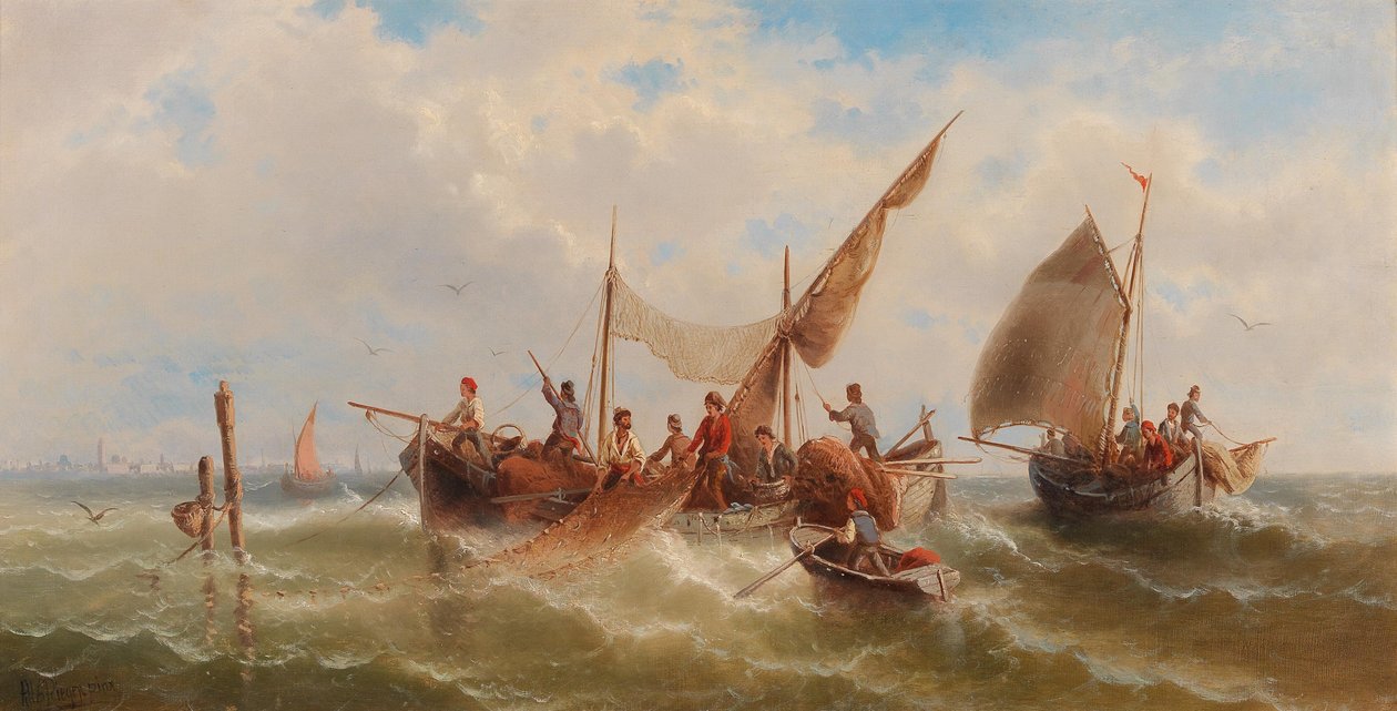 Fishing Boats against a Venetian Silhouette av Albert Rieger