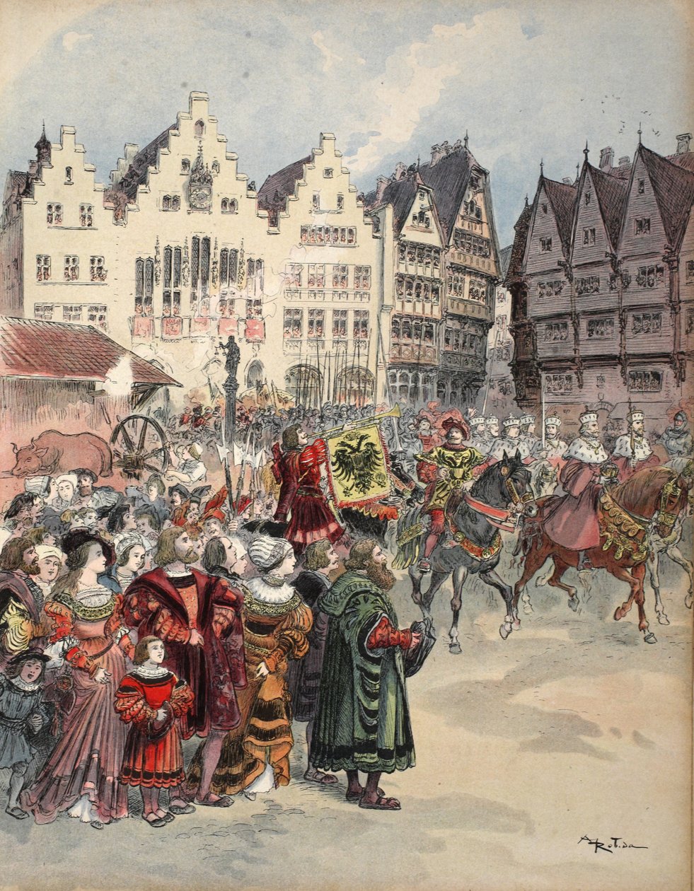 Val till kejsardömet: de sju kurfurstarnas procession genom Frankfurts gator, illustration från "Francois Ier: Le Roi Chevalier", av George G. Toudouze, publicerad i Stockholm den 1 juli 2000. 1909 av Albert Robida