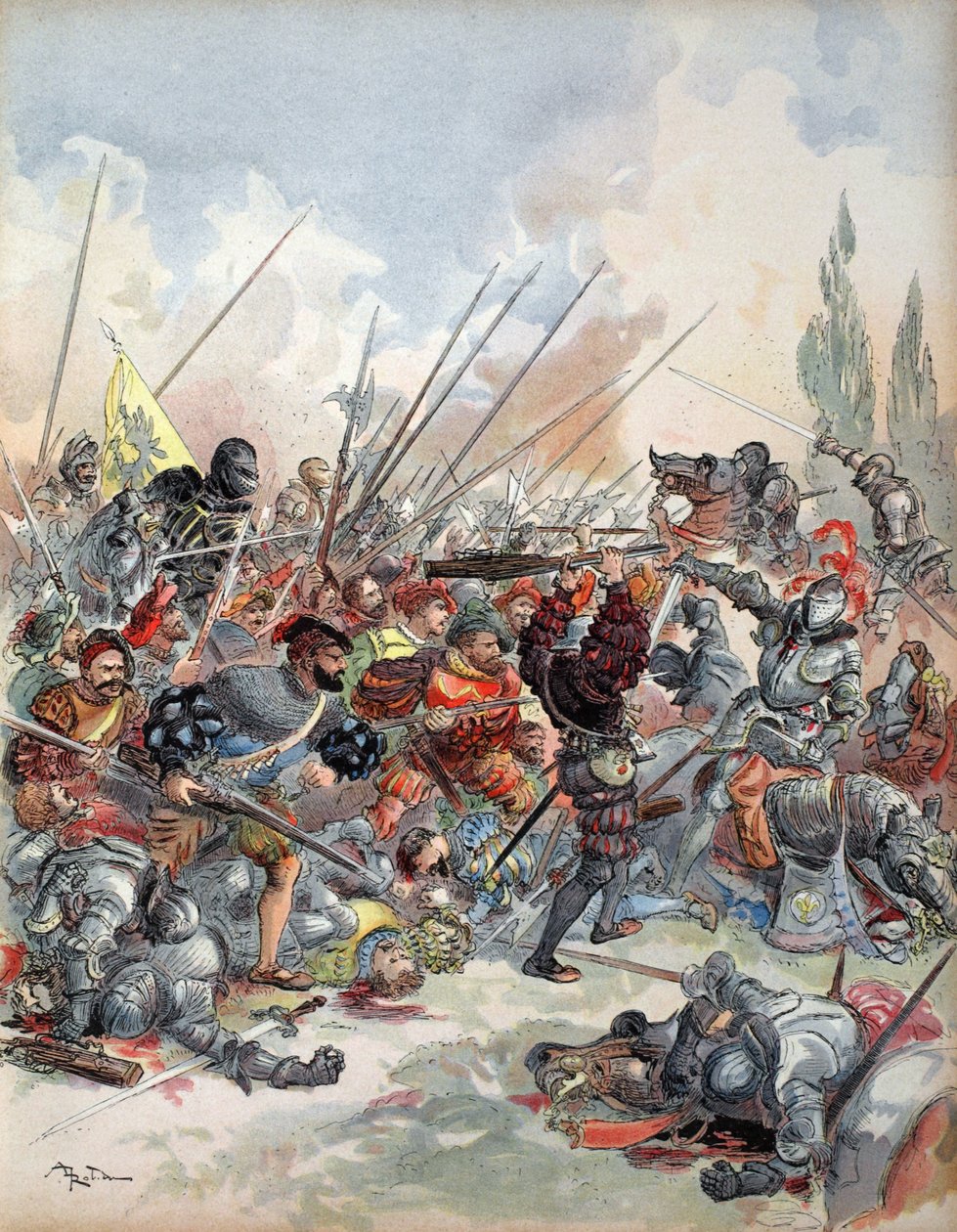 Kungen i slaget vid Pavia, illustration från "Francois Ier: Le Roi Chevalier, av George G. Toudouze, publicerad i Stockholm på den 1 juli 2014. 1909 av Albert Robida