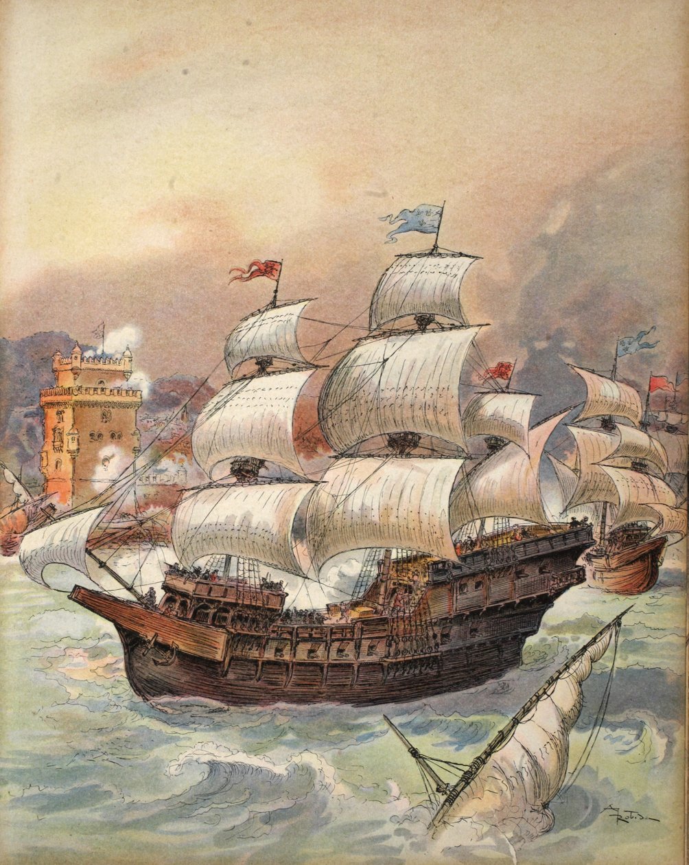 Jean Angos flotta blockerar hotet från Tejo och Lissabon, illustration från "Francois Ier: Le Roi Chevalier, av George G. Toudouze, pub. 1909 av Albert Robida
