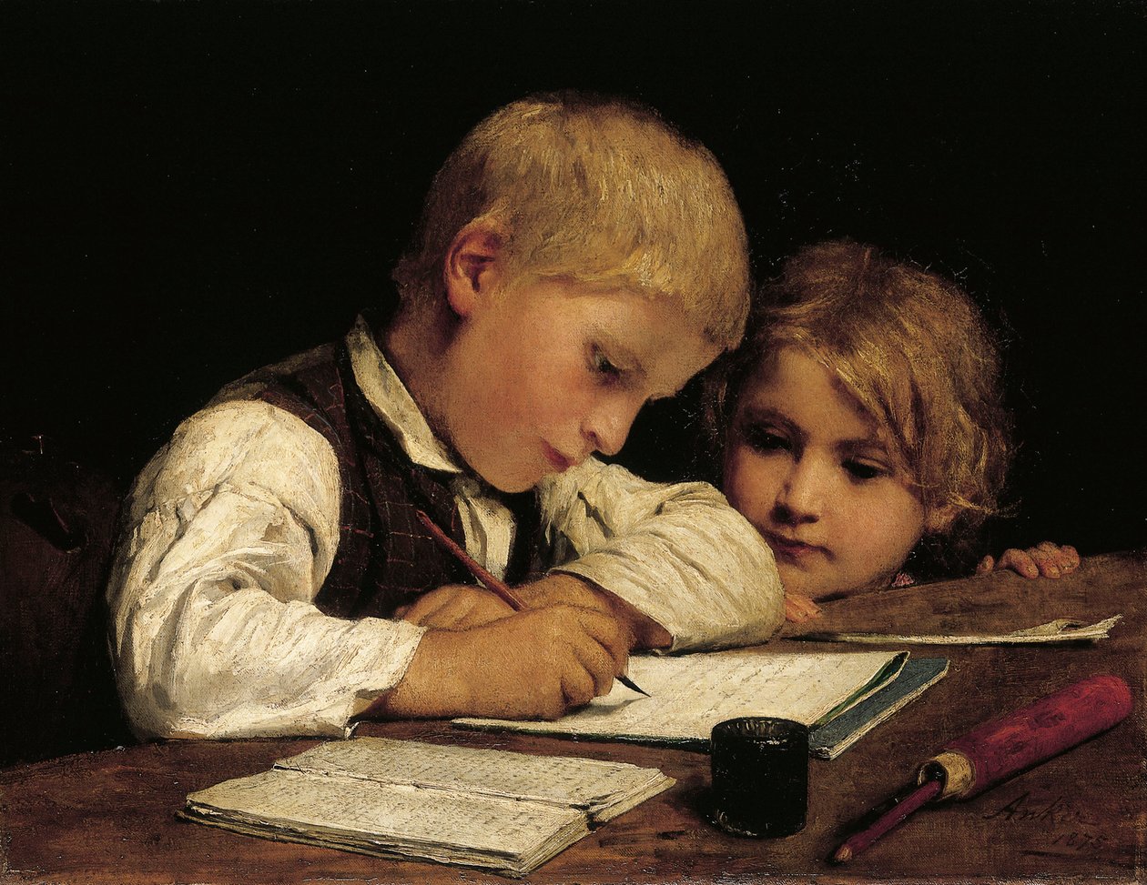 En pojke som skriver; Skrivande pojke med lillasyster av Albert Anker