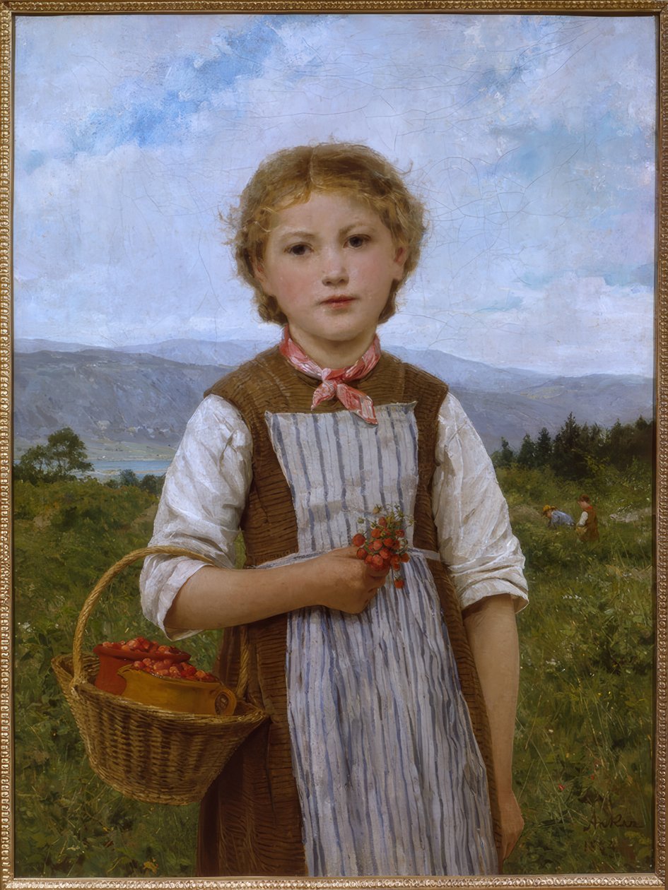 Flicka med jordgubbar av Albert Anker
