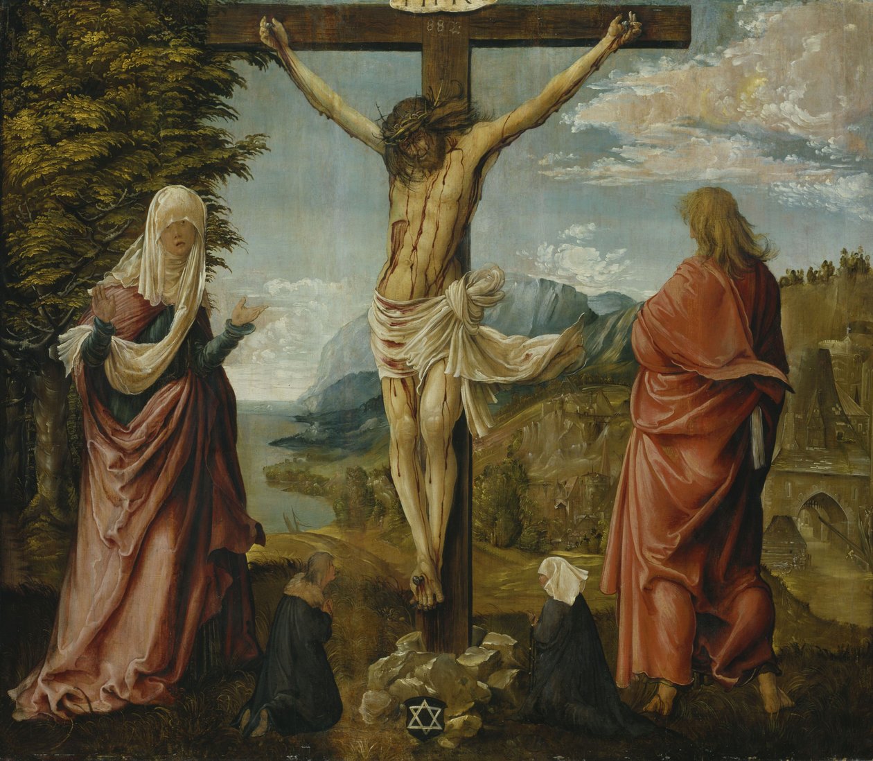 Christus am Kreuz mit Maria und Johannes av Albrecht Altdorfer