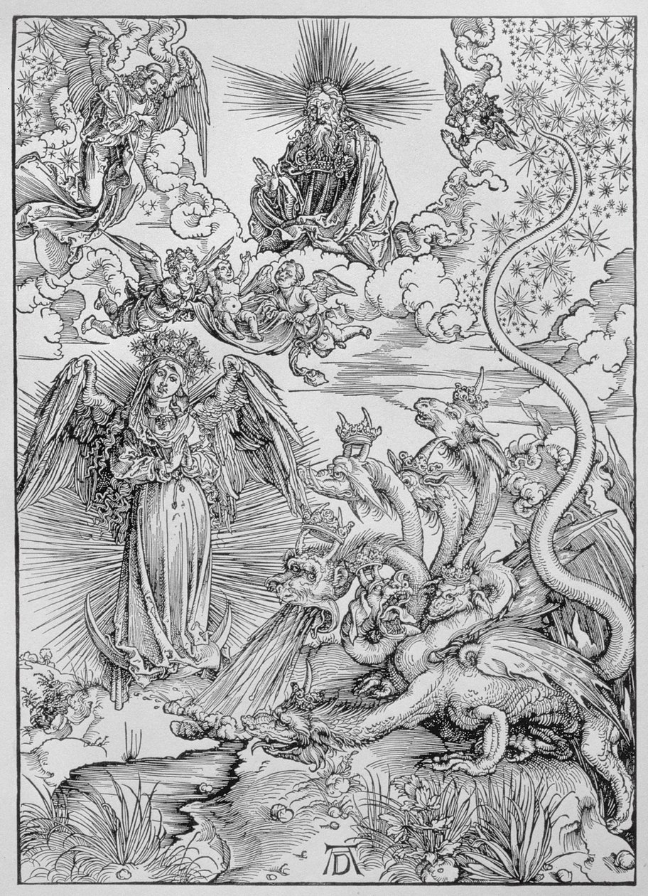 Apokalyptisk scen, från "Apokalypsen" eller "uppenbarelserna av St John the Divine", pub. 1498 av Albrecht Dürer