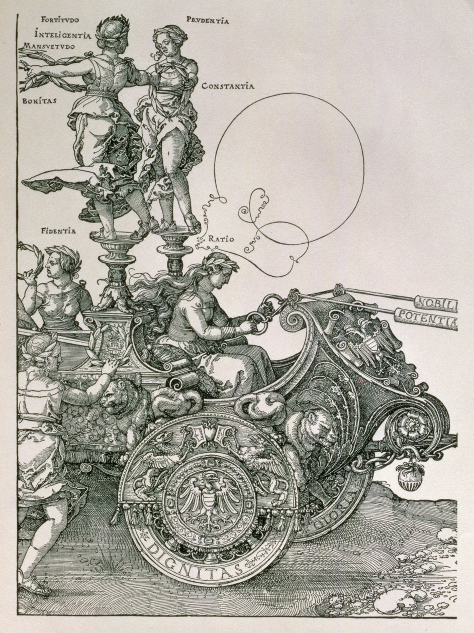 Design för "The Great Triumphal Chariot of Emperor Maximilian I": detalj som visar förtjänsterna som styr hästlaget, planerat av Willibald Pirckheimer, pub. c.1518 (se även 77582) av Albrecht Dürer