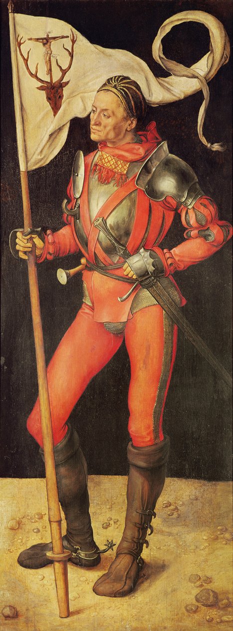 Lukas Paumgartner porträtterad som Saint Eustace, högra panelen av Paumgartner altartavla, ca 1500 (tempera på panel) (se även 495745) av Albrecht Dürer