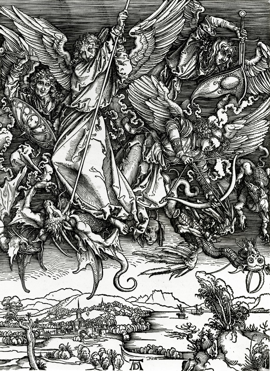 St. Michael kæmper mod dragen, 1498 swed av Albrecht Dürer
