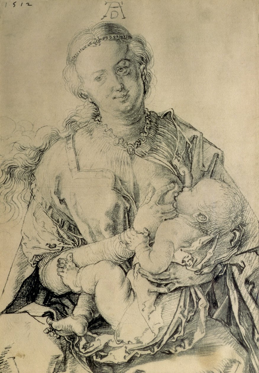 Jungfru Maria diar Kristusbarnet, 1512 (kolteckning) av Albrecht Dürer