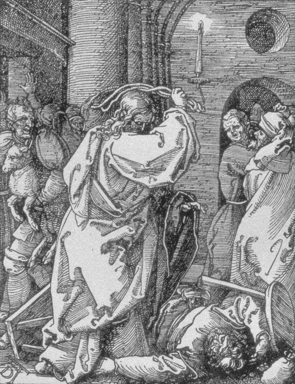 Kristus utvisar växlarna från templet, från serien "Small Passion", pub.1511 (detalj av 78015) av Albrecht Dürer