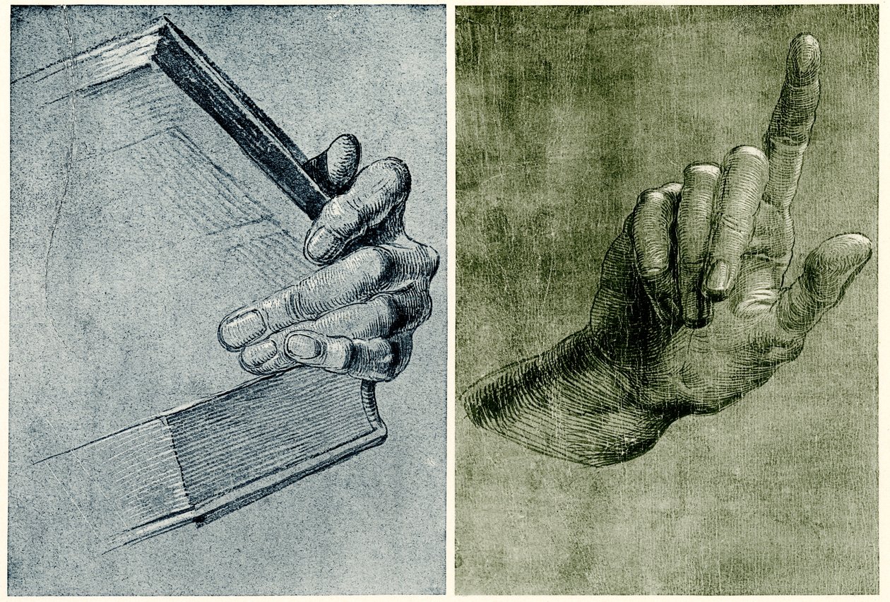 Hand med bok av Albrecht Dürer