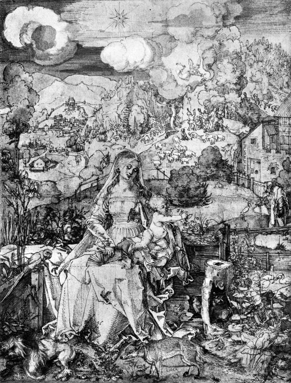 Jungfrun och många djur, 1505, 1936 av Albrecht Dürer