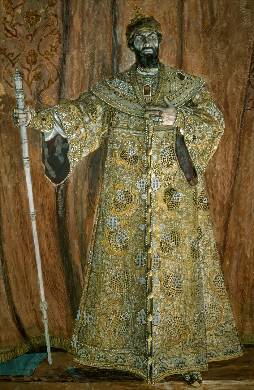 Porträtt av Feodor Ivanovich Chaliapin (1873-1938) som Boris Godunov, 1912 (gouache, pastell, krita och guld på duk) av Aleksandr Jakovlevic Golovin