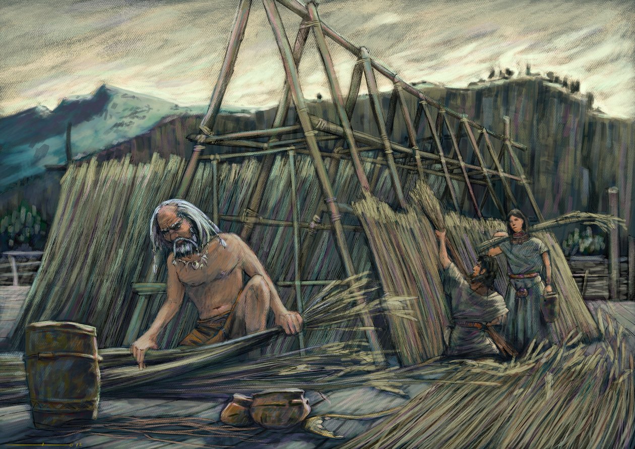 Byggande av palafitthus, förhistoriska hus. av Alessandro Lonati