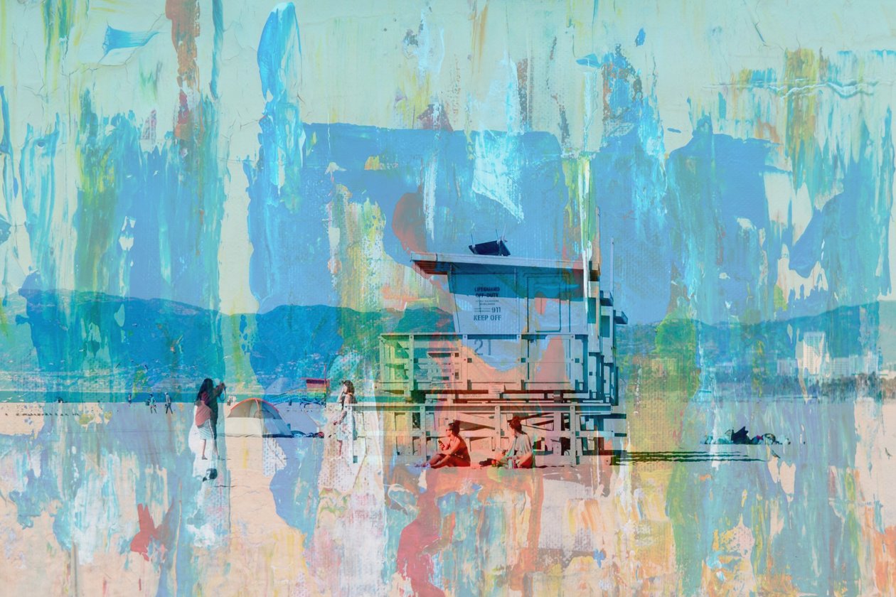 strandstation, 2019, (collage) av Alex Caminker