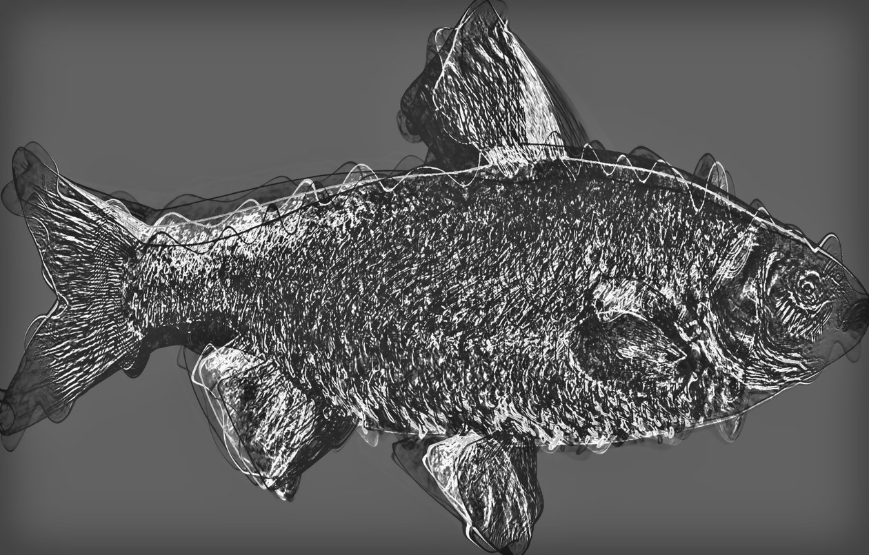 fisk i grått, 2020, (blandteknik) av Alex Caminker