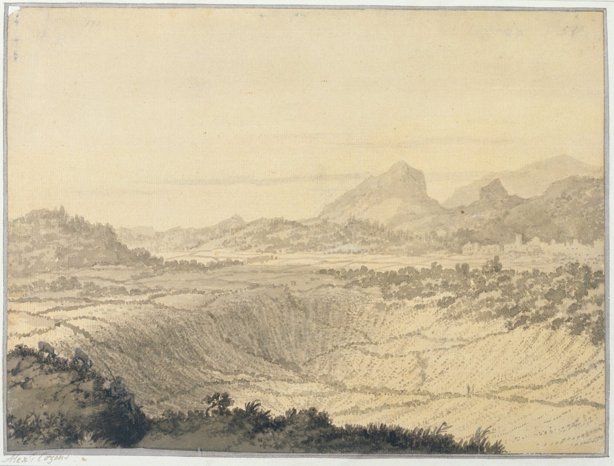 Rocky Landscape (gråttvätt på papper) av Alexander Cozens