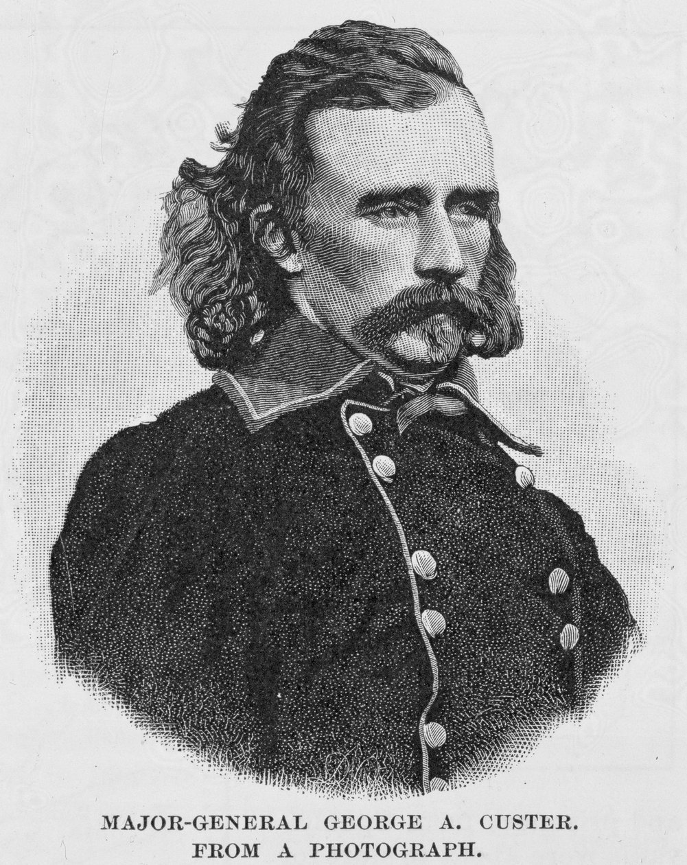 Generalmajor George Armstrong Custer, graverad från ett fotografi, illustration från 