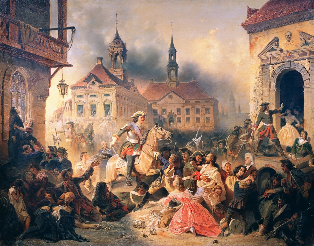 Peter den store erövrar Narva 1704, 1859 av Alexander Ivanovich Sauerweid