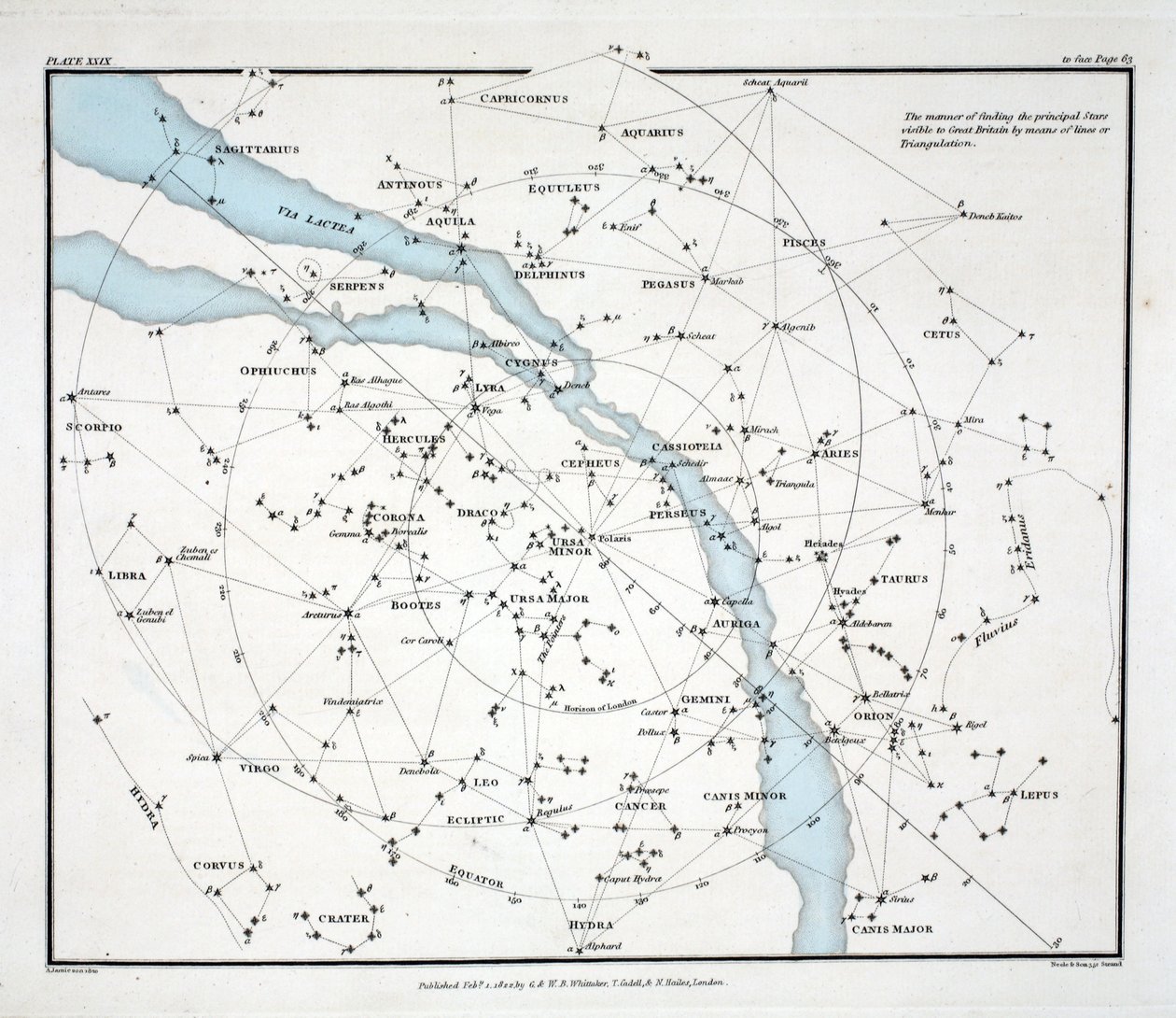 Karta som visar de viktigaste stjärnorna som är synliga i Storbritannien (Platta (XXIX), från "A Celestial Atlas" av Alexander Jamieson, pub. London 1822 (handkolorerat gravyr) av Alexander Jamieson