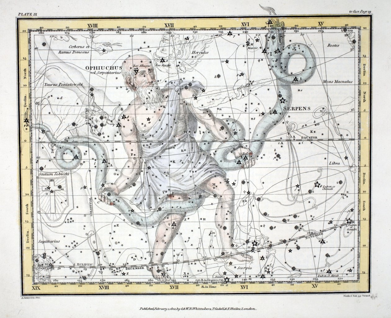 Stjärnbilderna (tavla IX) Olphiuchus, eller Serpentarius, och Serpens, från "A Celestial Atlas" av Alexander Jamieson, pub. London 1822 (handkolorerad gravyr) av Alexander Jamieson