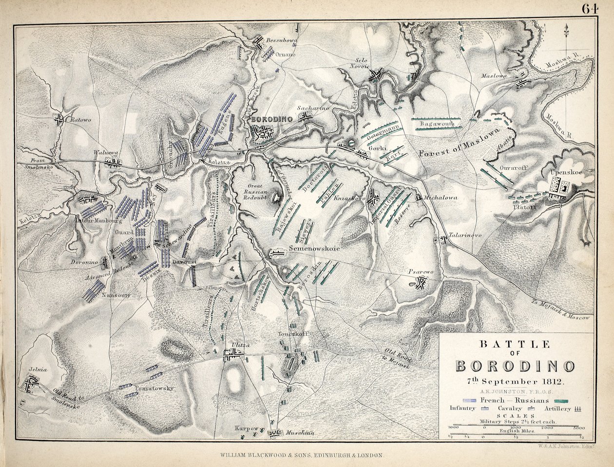Karta över slaget vid Borodino, utgiven av William Blackwood and Sons, Edinburgh och London, 1848 (handkolorerad gravyr) av Alexander Keith Johnston