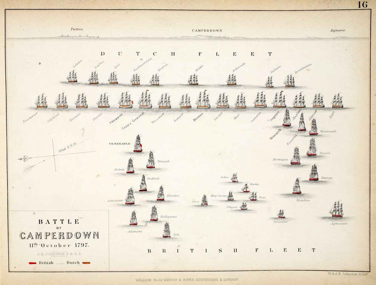 Karta över slaget vid Camperdown, publicerad av William Blackwood and Sons, Edinburgh och London, 1848 (handfärgad gravyr) av Alexander Keith Johnston