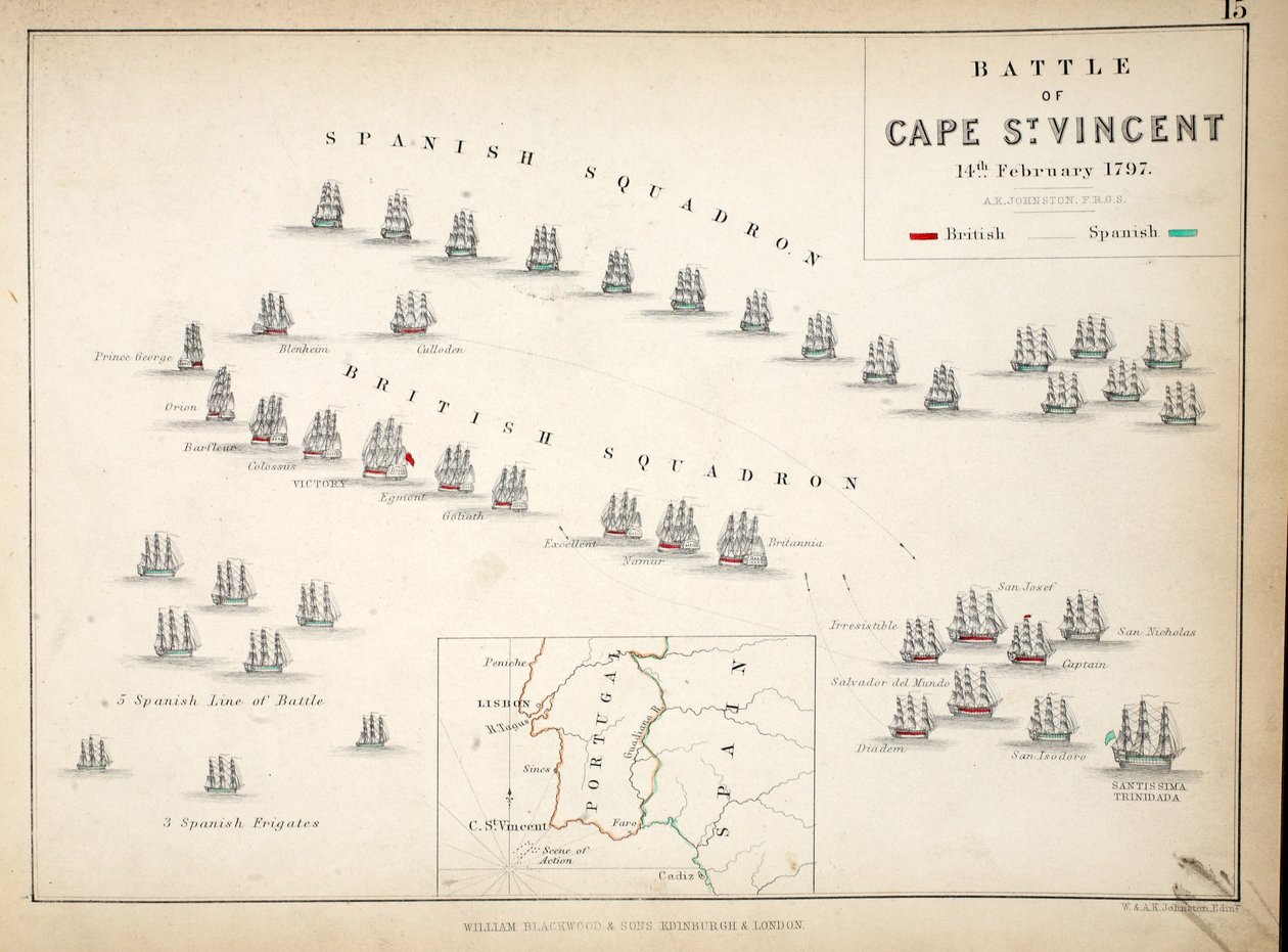 Karta över slaget vid Cape St. Vincent, publicerad av William Blackwood and Sons, Edinburgh och London, 1848 (handfärgad gravyr) av Alexander Keith Johnston
