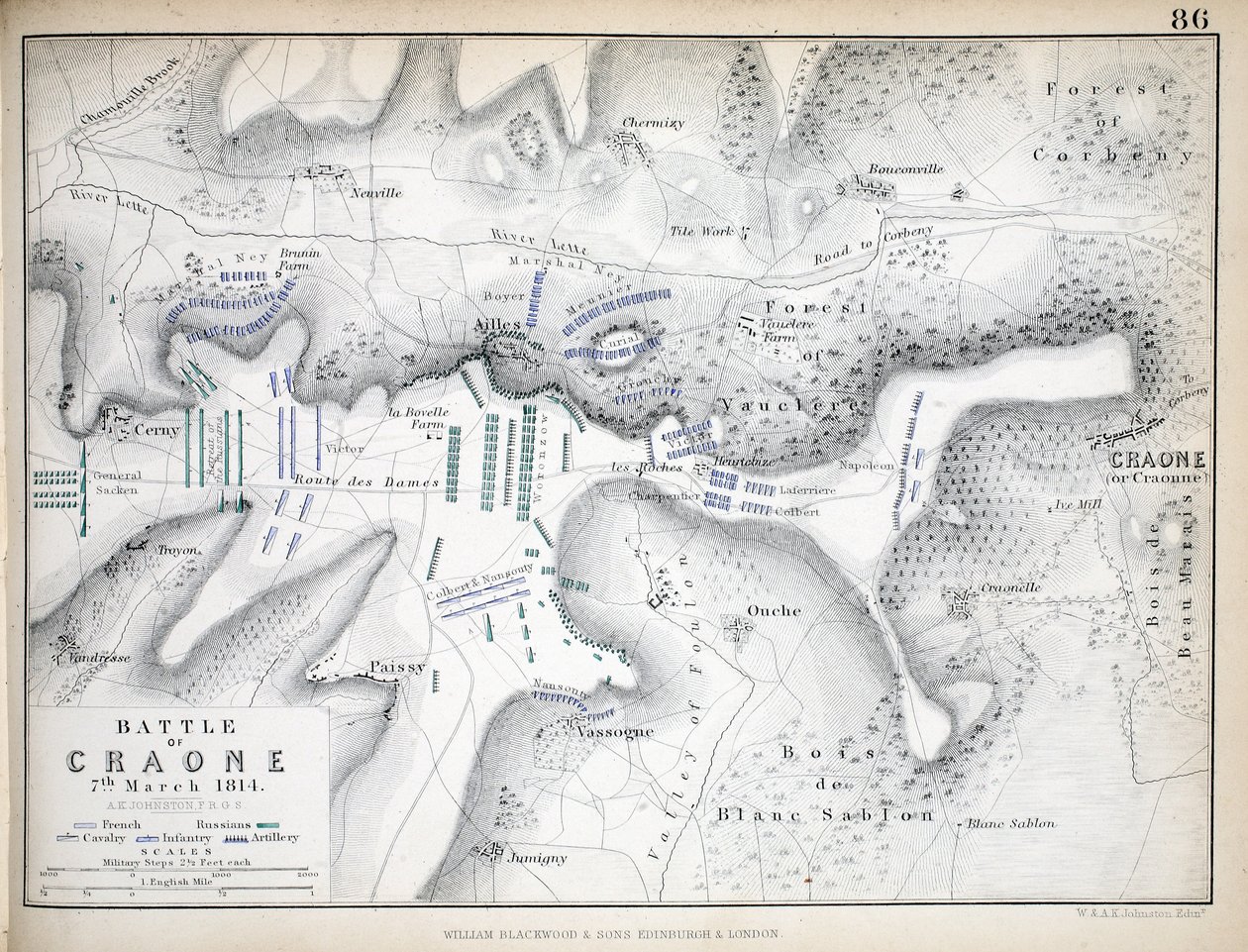 Karta över slaget vid Craone, publicerad av William Blackwood and Sons, Edinburgh och London, 1848 (handfärgad gravyr) av Alexander Keith Johnston