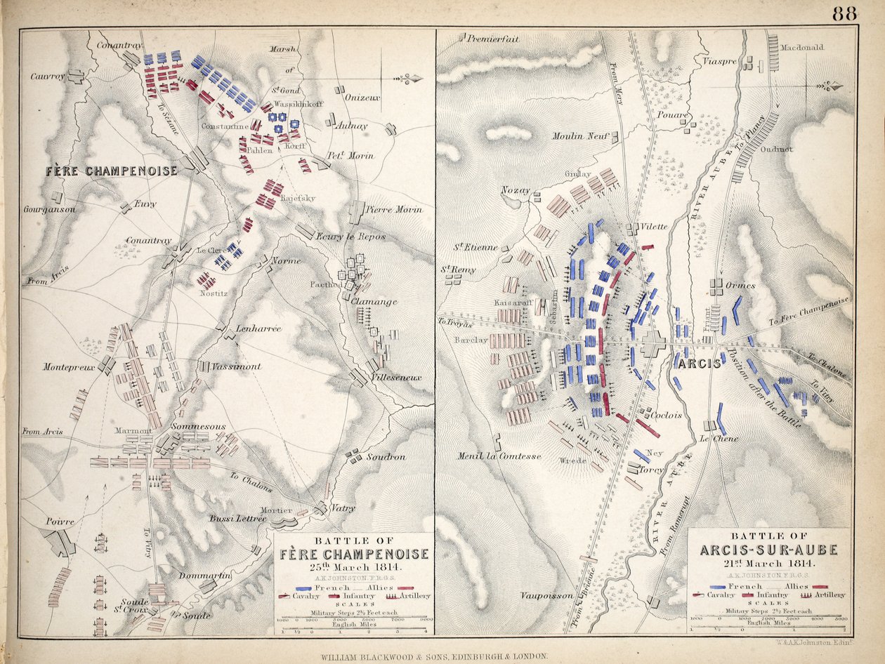 Karta över slaget vid Fere Champenoise och slaget vid Arcis-Sur-Aube, utgiven av William Blackwood and Sons, Edinburgh och London, 1848 (handkolorerat gravyr) av Alexander Keith Johnston